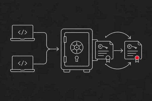 Line art on charcoal: two laptops feeding into a code-signing certificate vault being rotated out. Red dot accent on the exposed certificate.