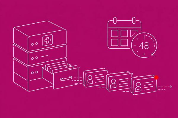Line art on magenta: a telehealth platform server with patient record cards pulled out over a two-day window. Red dot accent on the exfiltrated records.