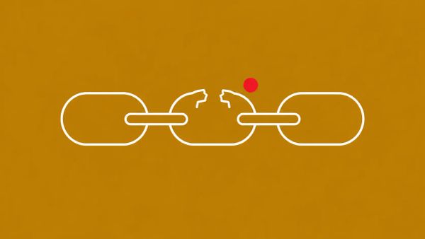 Line-art illustration of a severed seven-link supply chain spilling malware-package boxes onto a wireframe European map, on mustard background with one red dot accent.