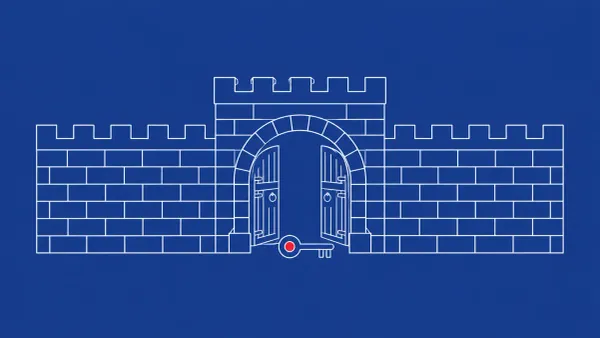 Line-art fortress wall with a single open gate, an abandoned key icon at the gate's threshold; one flat red dot sits on the key.