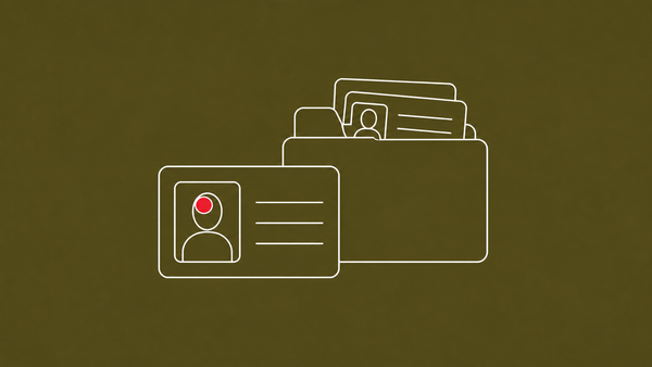 Line-art driver's license card next to a small folder icon containing more ID cards, on an olive background; one flat red dot sits on the front license.