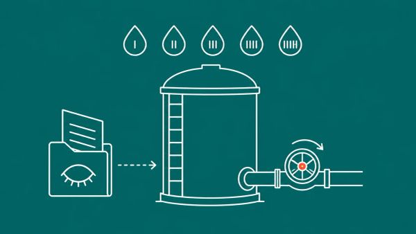 Minimalist white line art on vibrant teal: a water treatment tank with five droplet icons above it, a half-open document with a closed-eye on the cover, and a red dotted turning valve.