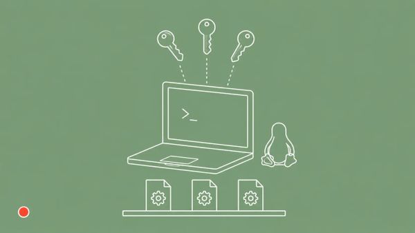 White line art on sage green: a laptop with three floating keys descending toward its terminal screen, three credential file icons on a shelf below, a Linux penguin silhouette, and a red dot.