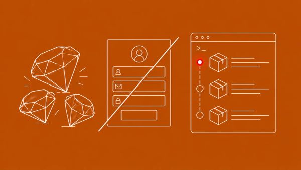 Line art on copper: Ruby gem stones, signup form crossed out, terminal with package upload notifications. Red dot accent on alert icon at center.