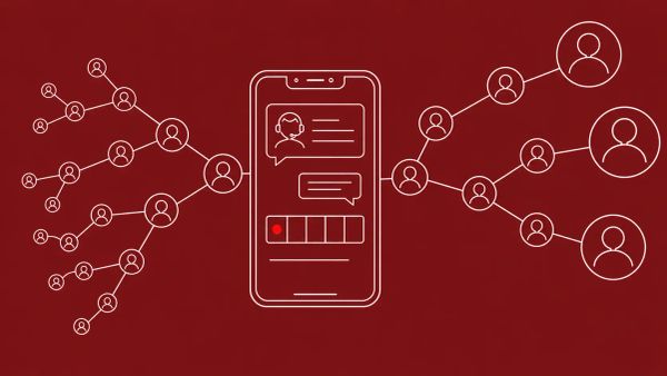 Line art on oxblood: smartphone with a fake support chat bubble, a snowballing chain of contact nodes expanding outward. Red dot accent on the verification code field.