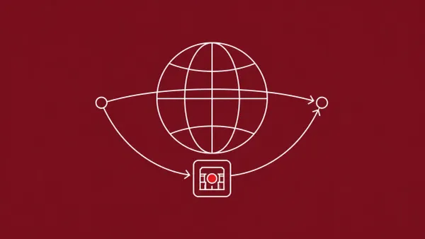 Line-art globe with two arrows arcing from one side to the other — one straight, one routed through a small mediator node carrying a red dot.