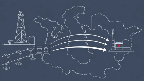 Line art on slate: oil derrick and pipeline overlaid on a map of the Caspian region, three intrusion-wave arrows. Red dot accent on the targeted facility.