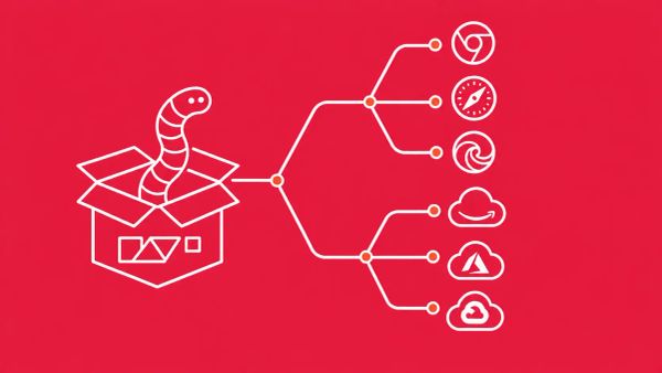 A package box with a worm branching into browser icons and cloud provider icons. White line art on vivid coral background with red-orange accent dots at each branch point.