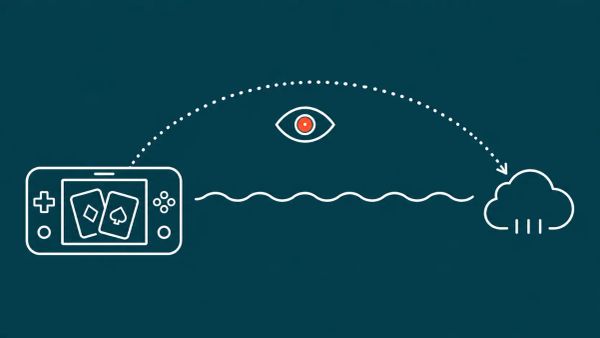 Minimalist white line art on deep electric blue showing a handheld card-game device, dotted arc across a wavy river to a cloud-storage glyph, watching eye, and a red accent dot.