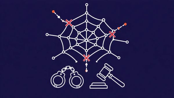 A spider web with three red X marks over key nodes, a handcuff icon and gavel below. White line art on a deep indigo background with red-orange accent dots at the broken nodes.
