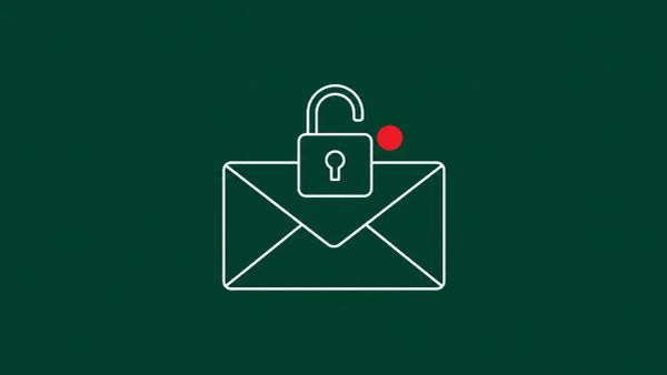 Line-art illustration of a fractured SEPPmail lockbox spilling envelopes marked "READ" with an Alpine mountain silhouette, on jade background with one red dot accent.