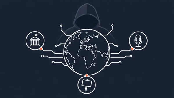 Globe with circuit traces connecting a government building, microphone, and protest sign, overlaid by a shadowed figure. White line art on deep slate with red-orange accent dots.