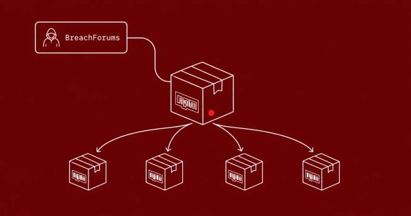 White line-art illustration of an npm package cloning into four copies with a BreachForums label, on an oxblood background with a single red dot accent.