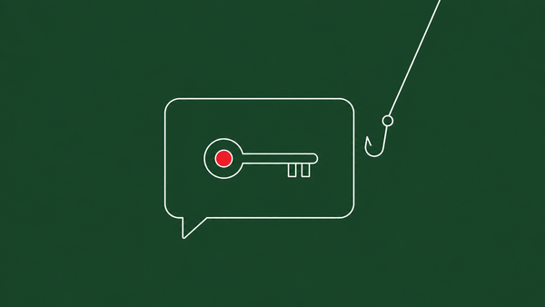 Line-art chat bubble containing a small key icon, with a fishing hook approaching the key from the side; the key carries a red dot.