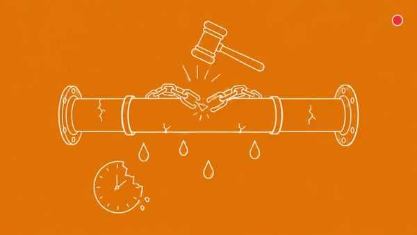 Industrial water pipe with three fracture lines and falling droplets, a broken chain link draped across the middle, a small gavel striking above. White line art on amber gold.