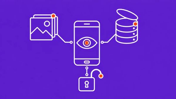 Violet background with a central white smartphone displaying an eye symbol, linked by lines to photo frames, a database cylinder, and an open padlock. Red-orange dots mark focal points.