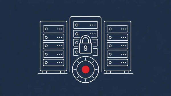 Line-art trio of server racks crossed by a diagonal ribbon banner with a circular official seal at its center; the seal's star carries a red dot.
