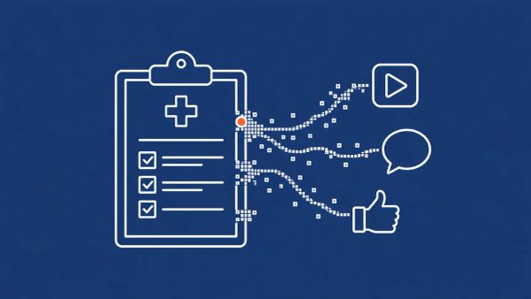 Minimalist white line art on muted blue showing a medical clipboard with three data tags flying through a dashed network arc into two generic app-tile silhouettes.