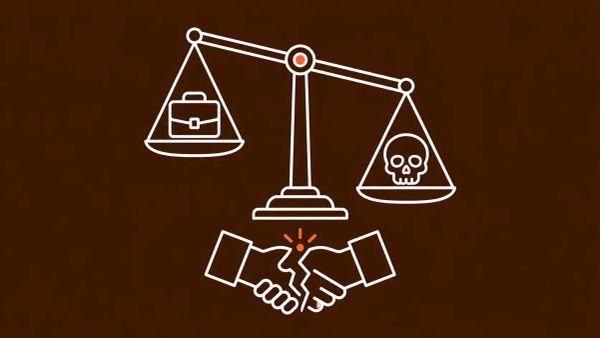 Scales of justice with a briefcase on one side and a ransomware skull on the other tipping toward the skull, broken handshake below. White line art on dark bronze with red-orange dots.