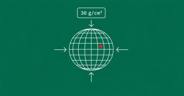 White line-art of a wireframe sphere compressed by inward arrows with a 30 g/cm cubed label, on a jade background with one red dot accent.