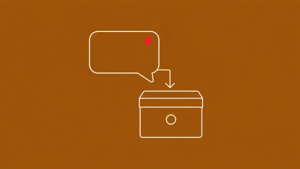 Line-art chat-bubble icon attached to a small download-arrow above a generic installer-box icon, with one flat red dot on the chat bubble.