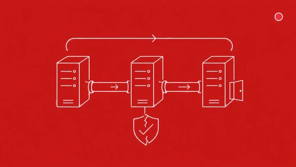 Three server towers in a row connected by pipeline arrows, a small open door on the third tower, a curved repeating arrow loop above suggesting recurrence. White line art on crimson red.