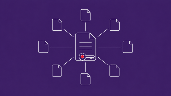 Line-art tree of small file icons fanning out from a central master file holding a small key; a red dot marks the master key at the centre.