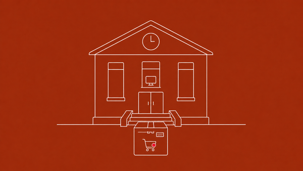 Line-art small-town hall building with a delivery box icon outside its front steps, a tiny shopping cart on the box; the cart carries a red dot.