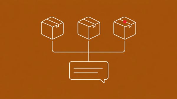 Line-art row of three package boxes feeding connector lines into a small chat-assistant window; one box carries a single flat red dot.