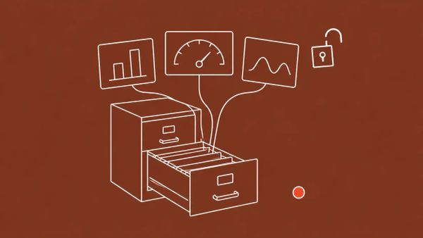 White line art on rust brown: an open filing cabinet drawer with three dashboard outlines (chart, gauge, line graph) fanned behind, an open padlock, and a red-orange accent dot.