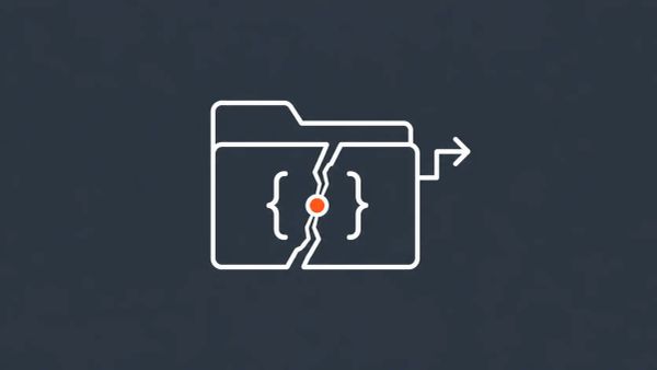 Minimalist white line art on slate-grey showing a folder icon with code-bracket symbols inside, a diagonal fracture line, and an exit arrow, marked by a red accent dot.