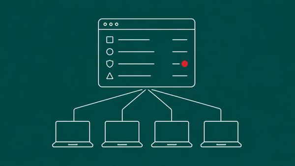 Line-art security server with a shield and a database cylinder, lines fanning down to four small shielded laptops; the database carries a red dot.