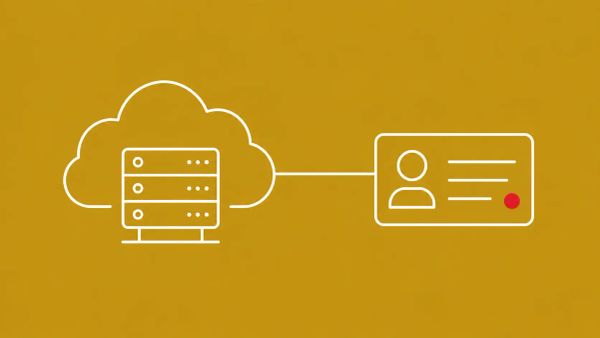 Line-art cloud platform linked to a smartphone, three contact cards fanning out with portrait, house and phone glyphs; one house glyph holds a red dot.