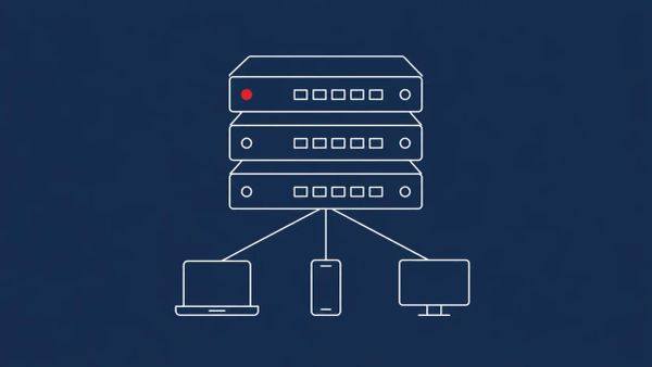Line-art row of three network devices — a gateway, a router and a video recorder — each cracked, with broadcast arcs above; one crack holds a red dot.