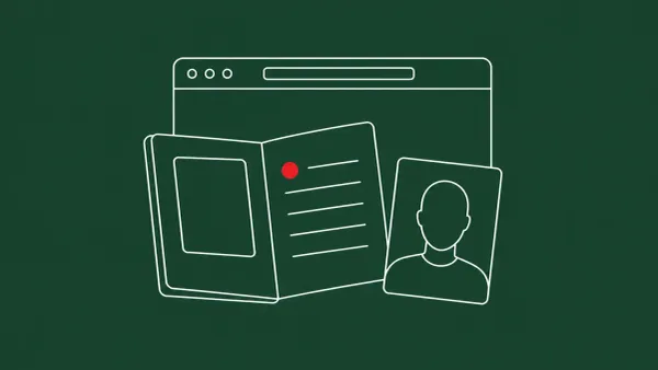 Line-art passport booklet and selfie portrait card overlapped by a web-browser window frame; one flat red dot sits on the passport's data page.