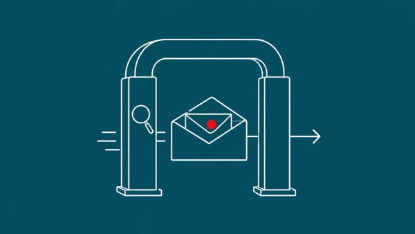 Line-art inspection gate with an open envelope passing through it; a smaller envelope rides hidden inside, marked with a single red dot.