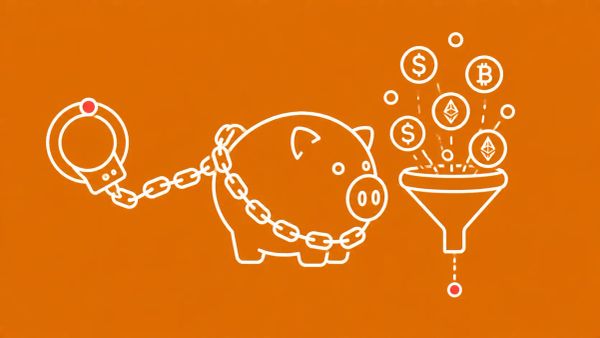 A chained pig icon with cryptocurrency coins draining through a funnel. White line art on warm amber background with red-orange accent dots at the chain and funnel drain.
