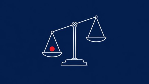 Line-art illustration of a balance scale tilted toward a heavy bug icon labeled 31% and away from a light key icon labeled 13%, on slate-blue background with one red dot accent.