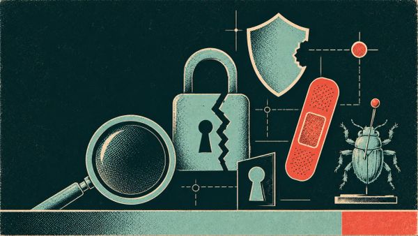 Illustration of a security team identifying and patching vulnerabilities in a computer system.