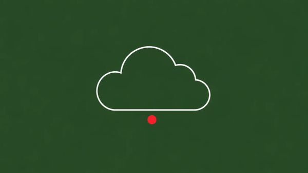 Line-art illustration of a single cloud shape on a deep moss-green background, with one flat red dot accent.
