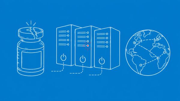 White line art on cerulean: a pharma vial with broken seal, three servers shutting down, a globe with disconnected nodes. Small red dot accent.