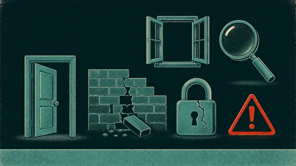 Editorial science-poster illustration of security-weakness symbols — an ajar door, a cracked wall, an open window, a magnifying glass, and a cracked padlock.