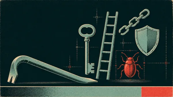 Editorial science-poster illustration of exploit symbols — a crowbar, a skeleton key, a ladder, a chain, and a bug.