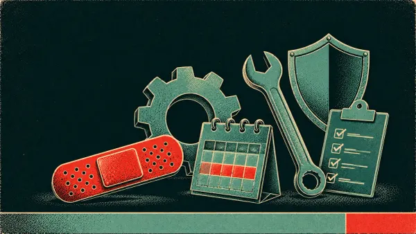 Editorial science-poster illustration of patch management symbols — a bandage, a gear, a calendar, a wrench, a shield, and a checklist.