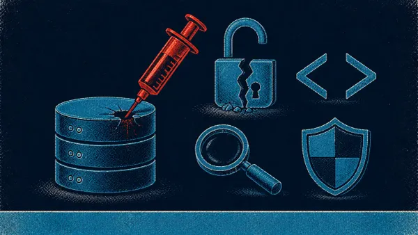 Editorial science-poster illustration of SQL injection symbols — a database cylinder, a syringe, a broken padlock, code brackets, and a magnifying glass.