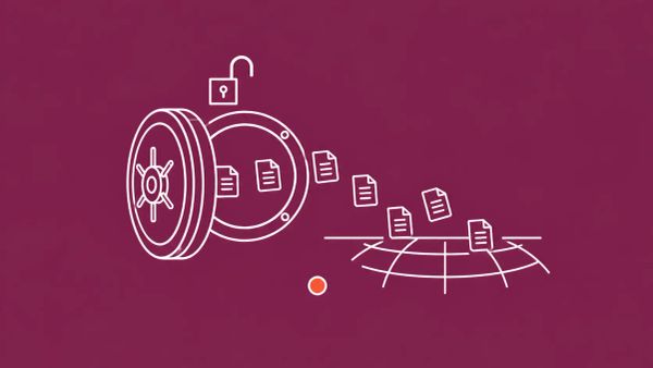 Minimalist white line art on maroon: an open vault door with files spilling out onto a curved globe-grid, with an unlocked padlock above.