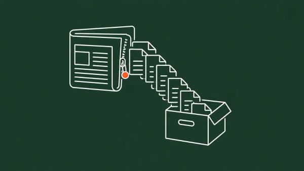 Minimalist white line art on dark forest green showing a newspaper-fold being unzipped along its spine, releasing a cascade of document pages into an open archive box, with a red accent dot.