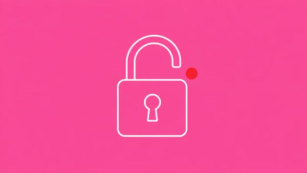 Line-art illustration of a single open padlock on a pink background, with one flat red dot accent.