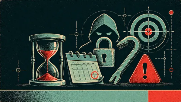 Editorial science-poster illustration of zero-day symbols — an hourglass, a calendar, a hidden padlock, a crowbar, and a target.
