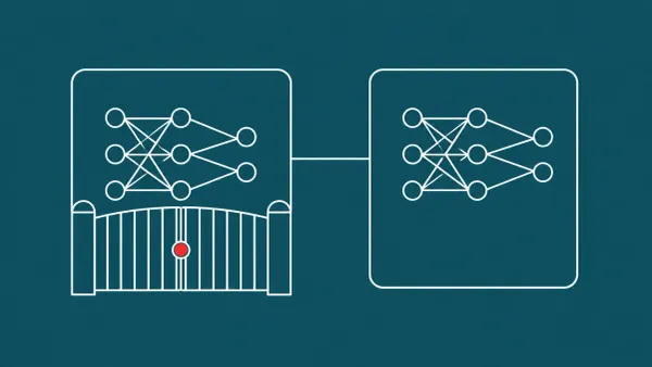 Flat white line-art of two layered AI model panels behind a gated barrier, on a Peacock background — Anthropic Claude Fable 5 release.